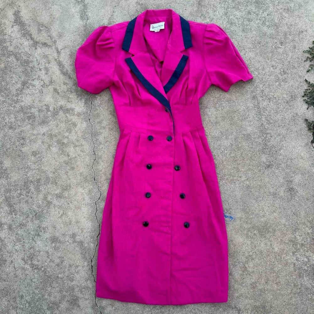 Damon Petite Vintage 80s Dress Double Breasted Pink Career Party Size 4‎
